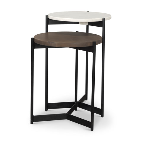 layered side tables dark wood and marble