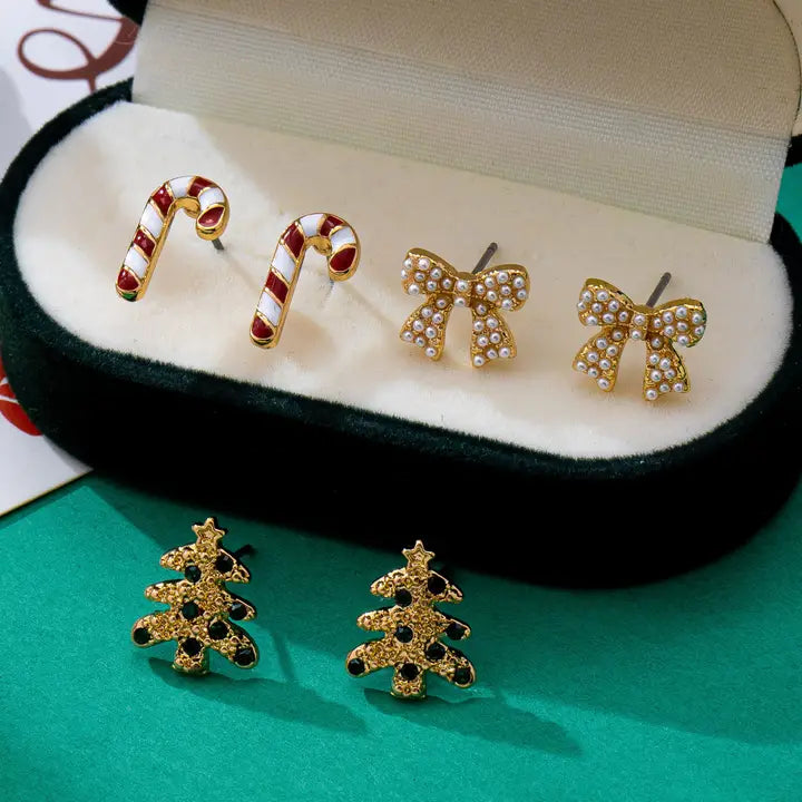 Holiday Candy Cane Tree Bow Trio Earrings