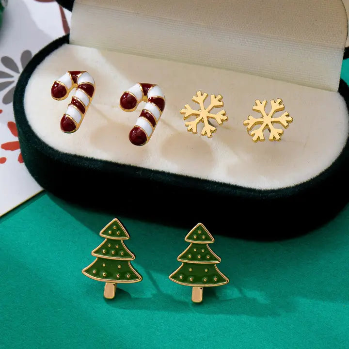 Holiday Candy Cane Snowflake Tree Trio Earrings