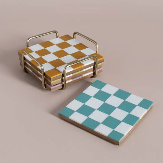 S/4 Checkered Coasters Colored with Stand