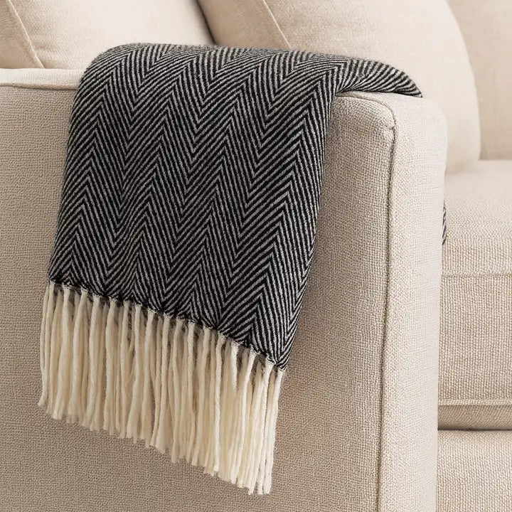 Black Herringbone Fringed Throw Blanket