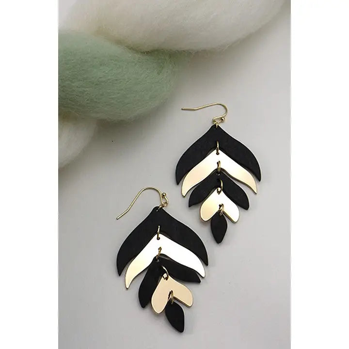 Wood Metal Mix Leaf Drop Earrings