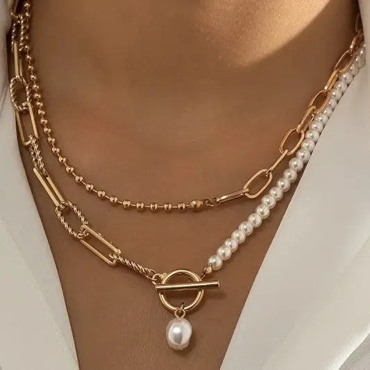 Pearl Mix Double Layer Toggle Necklace