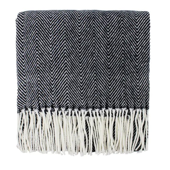Black Herringbone Fringed Throw Blanket