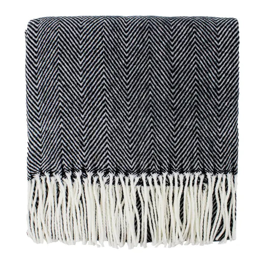 Black Herringbone Fringed Throw Blanket