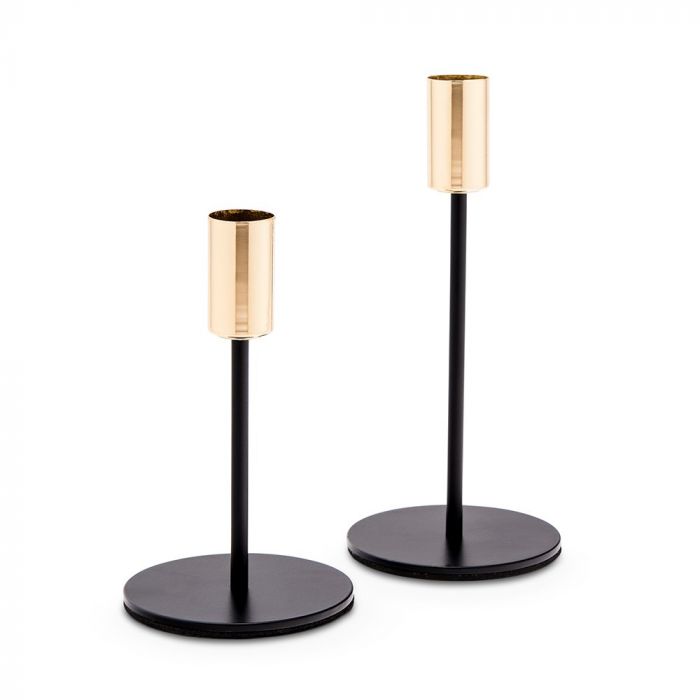 Modern Black + Gold Taper Candle Holders - S/2