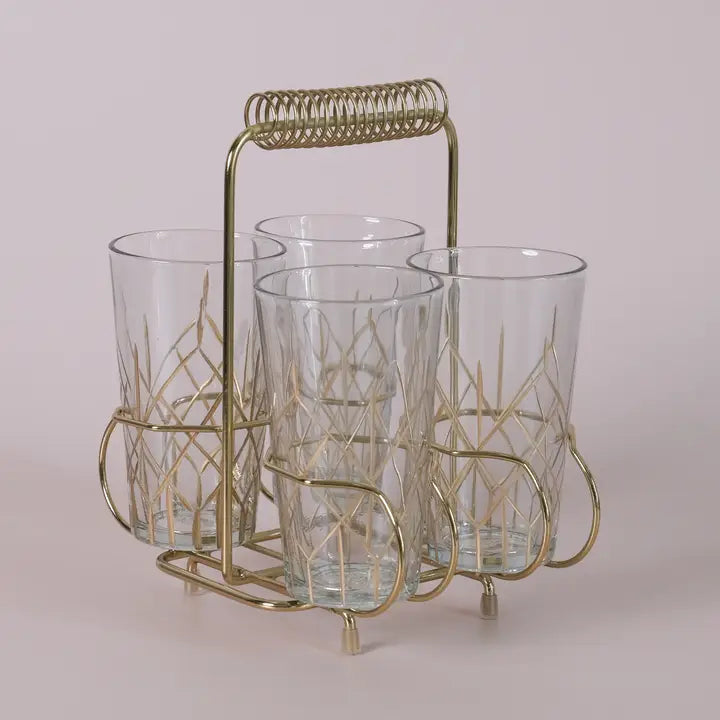 Drinking Glasses in Metal Caddy Set