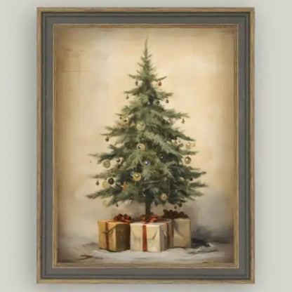Christmas Tree with Presents Framed Antique Art