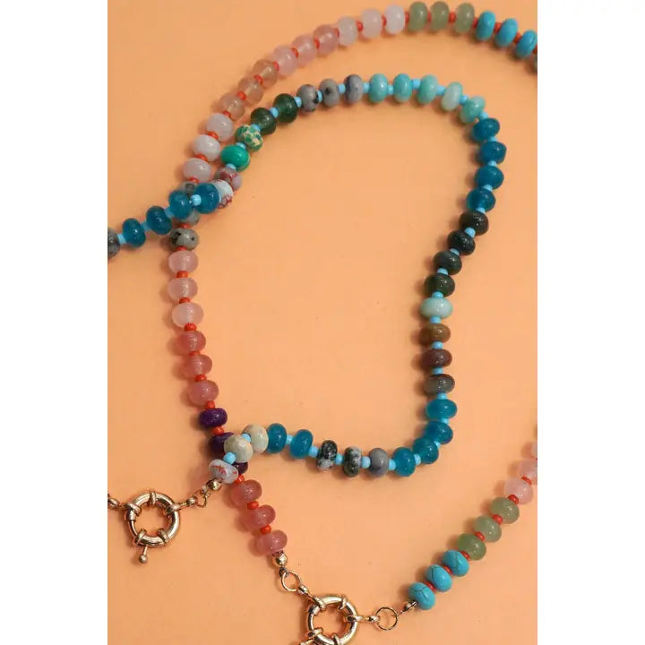 Natural Stone Charm Spring Clasp Beaded Necklace