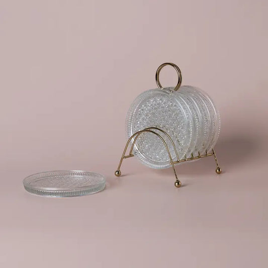 Glass Coasters Metal Caddy Set