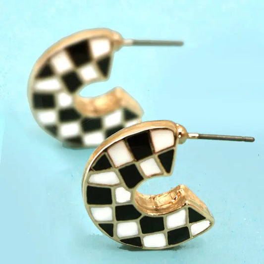 Double Sided Checker Design Hoop Earrings