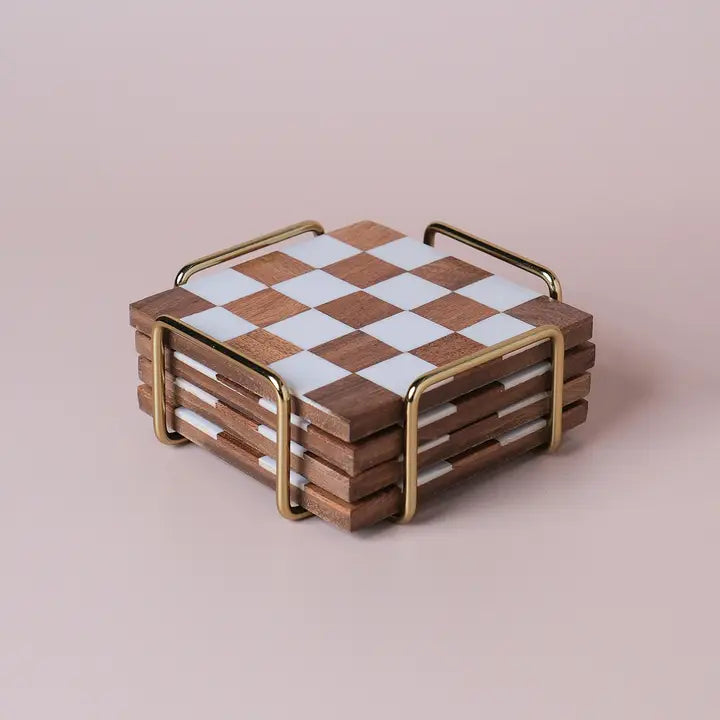 Checkered Wood Coasters With Stand