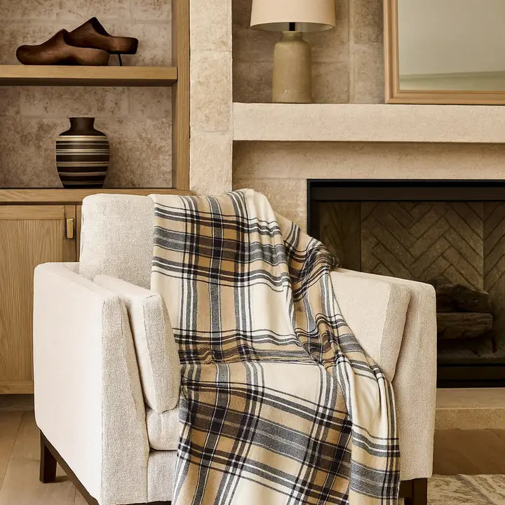Brown Classic Plaid Tassel Trim Throw Blanket