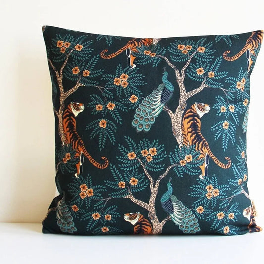 Emerald Green Tiger and Peacock Throw Pillow