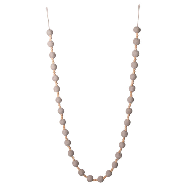GRAY WOOL BALLS / TAN WOOD BEADS