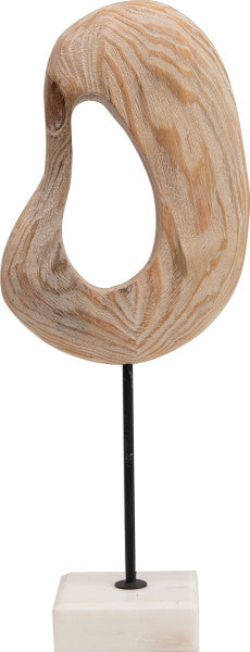 WOOD SCULPTURE ON WHITE MARBLE STAND