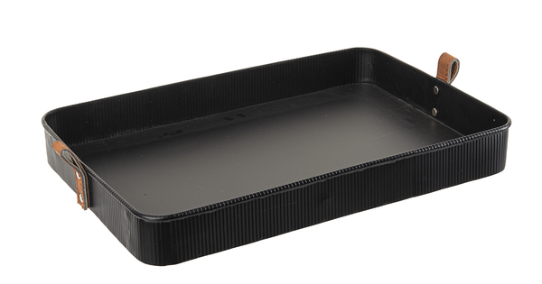 black metal tray with leather handle