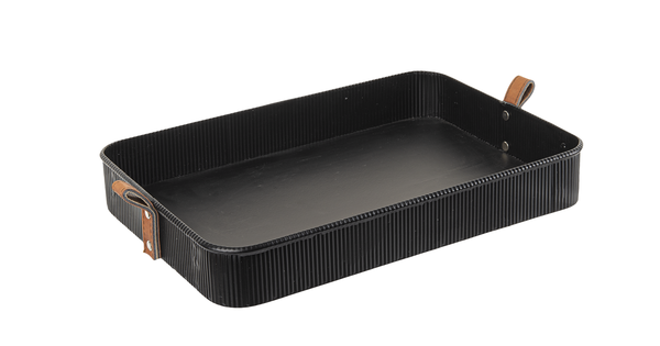 black metal tray with leather handles